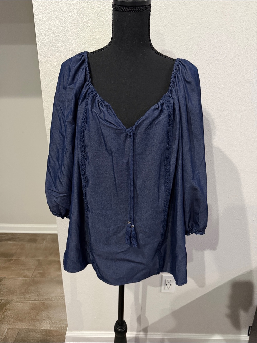 Unique Spectrum Navy Peasant Tunic with Tie Detail
